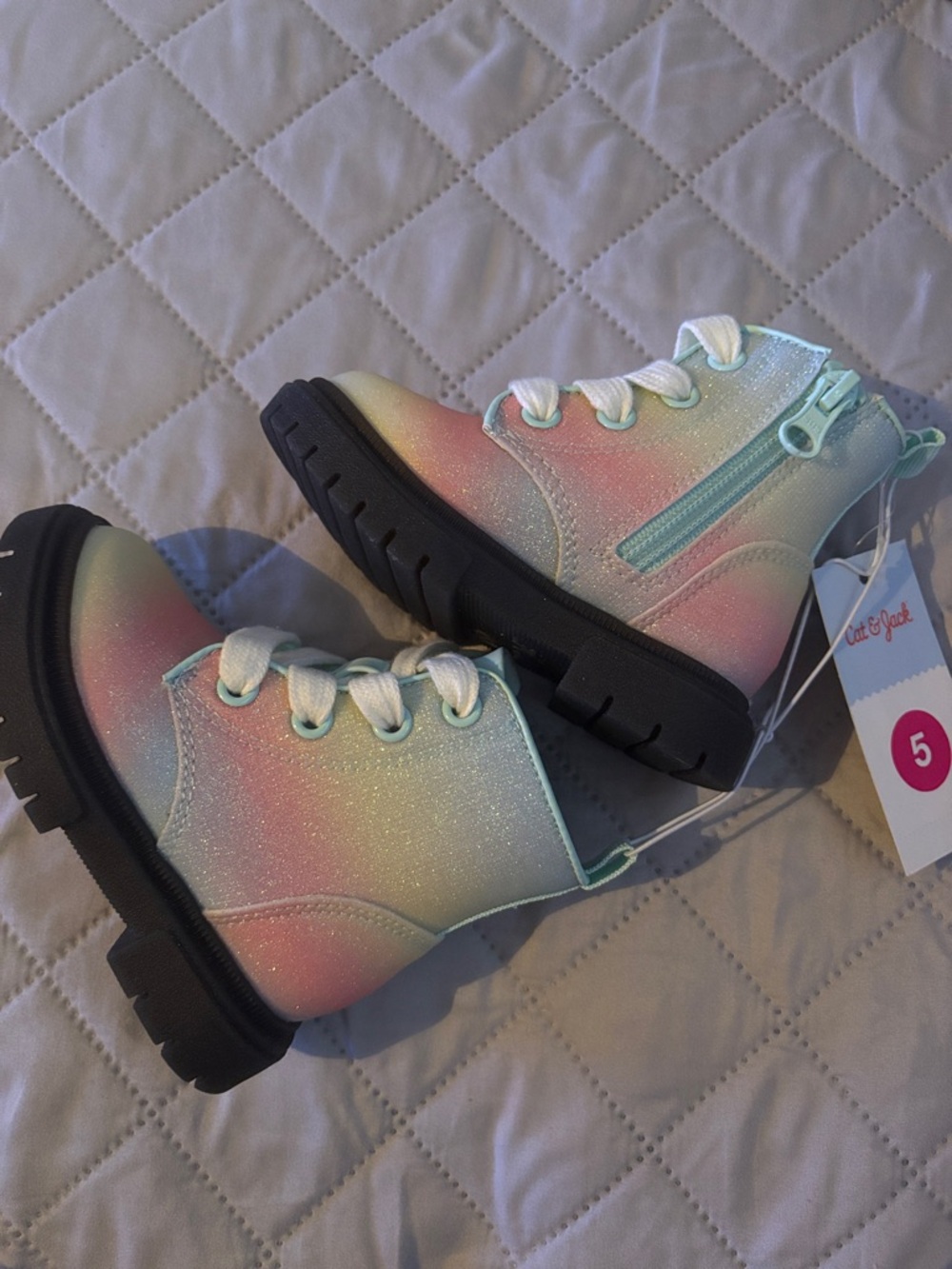 Cat & Jack Kids Glitter Pastel Rainbow Lace-Up Boots with Side Zip - Size 5